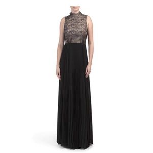 NWT Mikael Aghal Lace Pleated Georgette Gown in Black/Nude, Size M